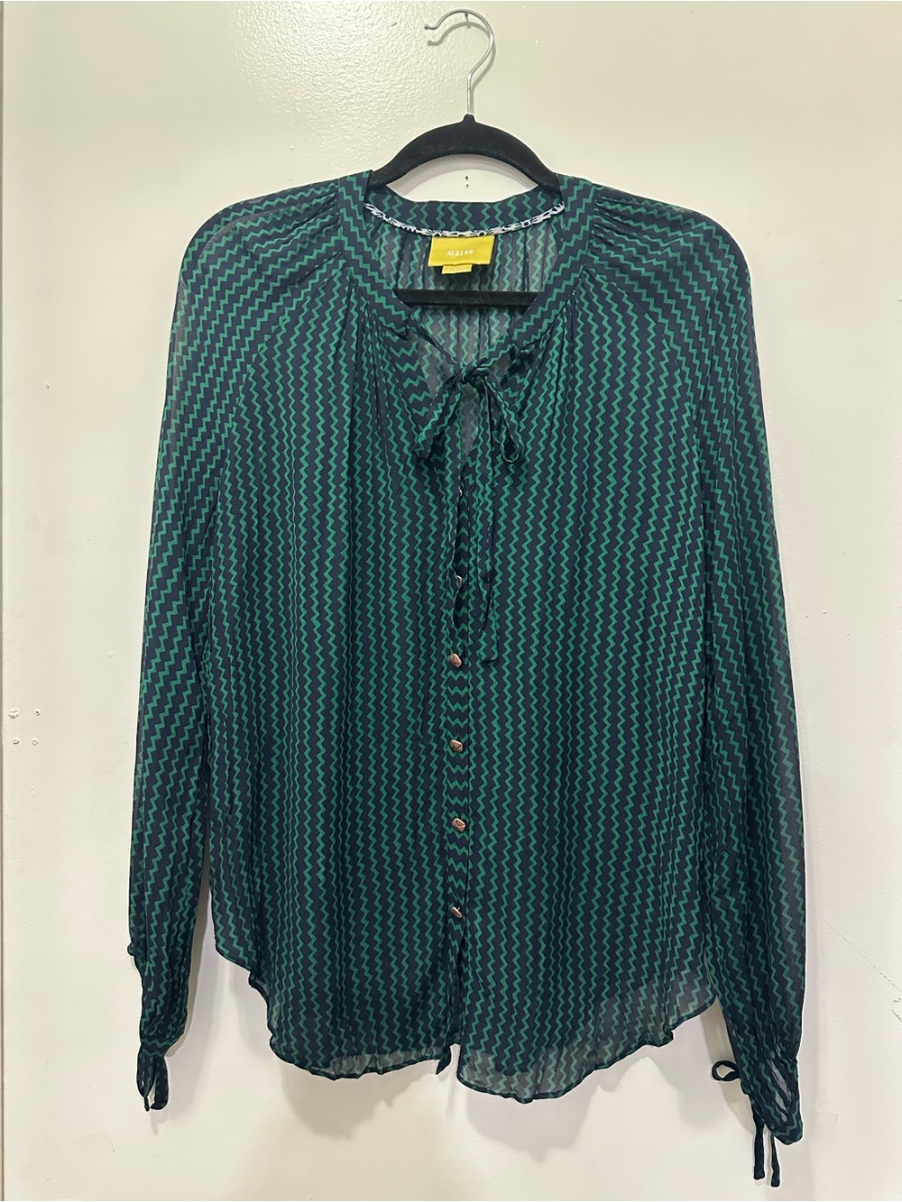 Maeve Della Chevron Sheer Green/Navy Longsleeve Tie Neckline Sz M - Picture 2 of 7